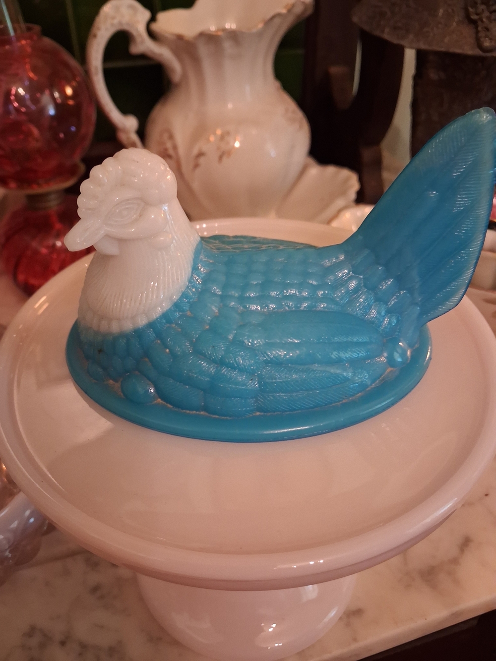 Westmoreland Blue and White Glass Hen on Nest TOP ONLY